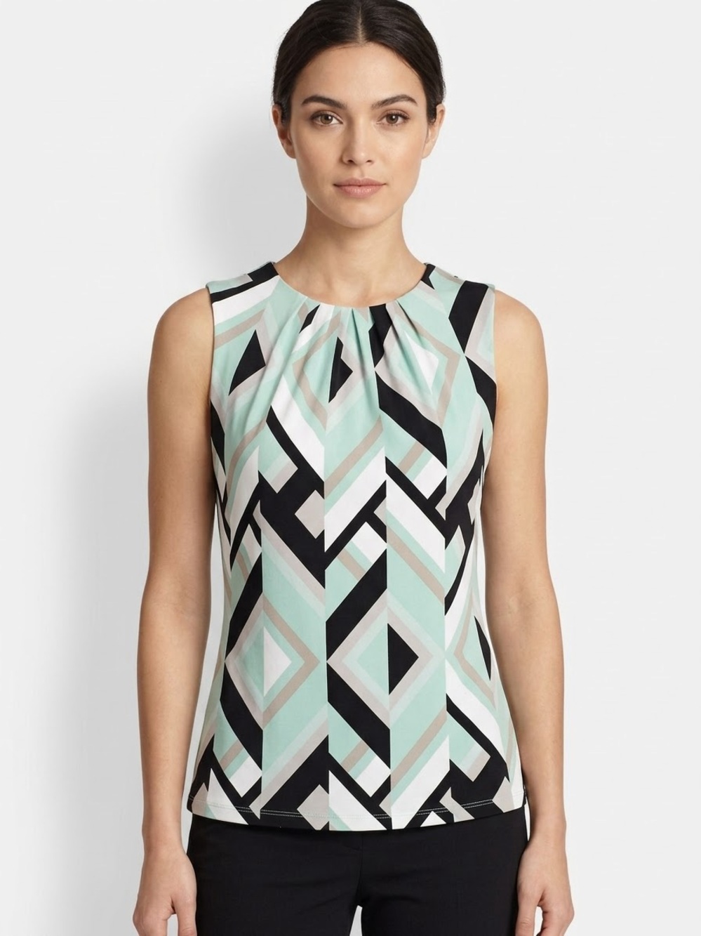 Calvin Klein Mint Green Geometric Pleated Neck Sleeveless Blouse Shell Top Small